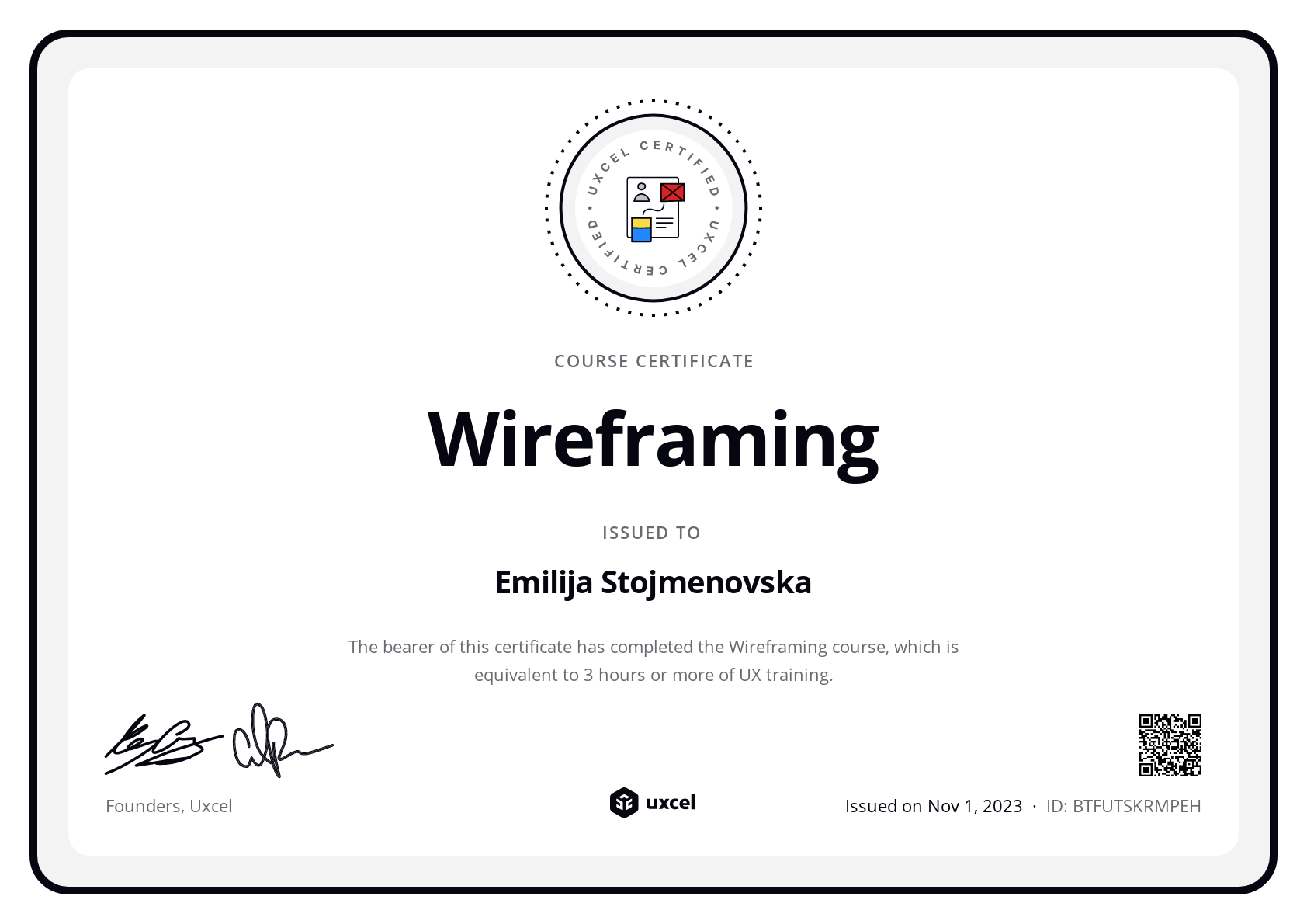 Emilija Stojmenovska's certificate